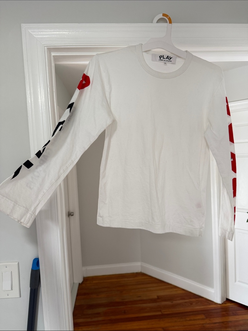 Comme des Garçons PLAY White Long-Sleeve Tee with Red & Black Sleeve Prints